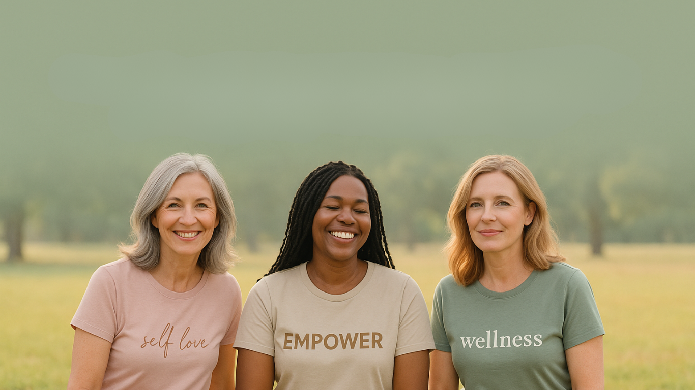 Three women standing together in a field with 'self love', 'empower', and 'wellness' text on their shirts.