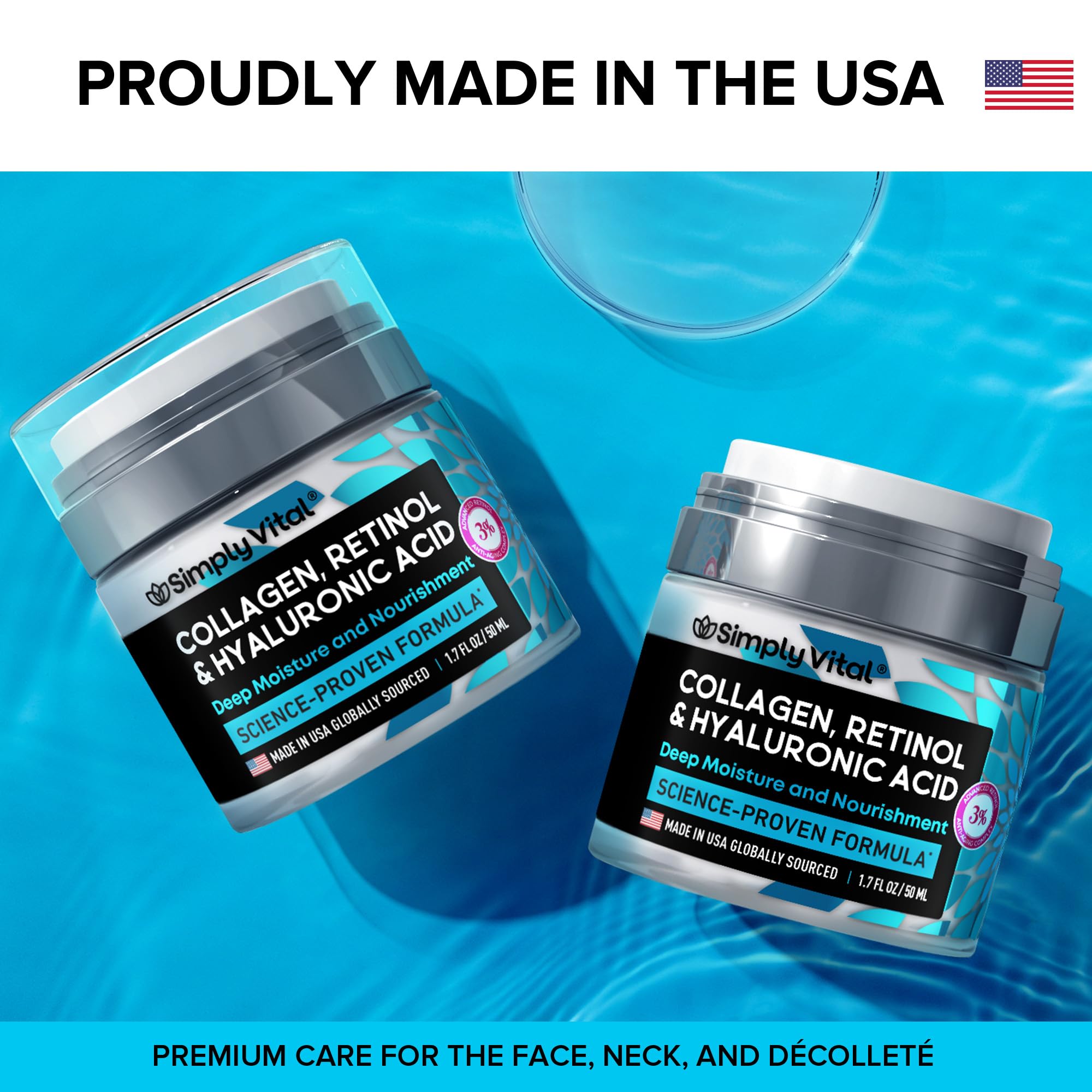 SimplyVital Collagen, Retinol & Hyaluronic Acid Cream - Anti - Aging Face Moisturizer for Face, Firming Skin Care Neck & Décolleté - Made in USA, Daily Moisturizer Face Cream Day & Night - 1.7 fl.oz. - FitLife - WellnessOasis