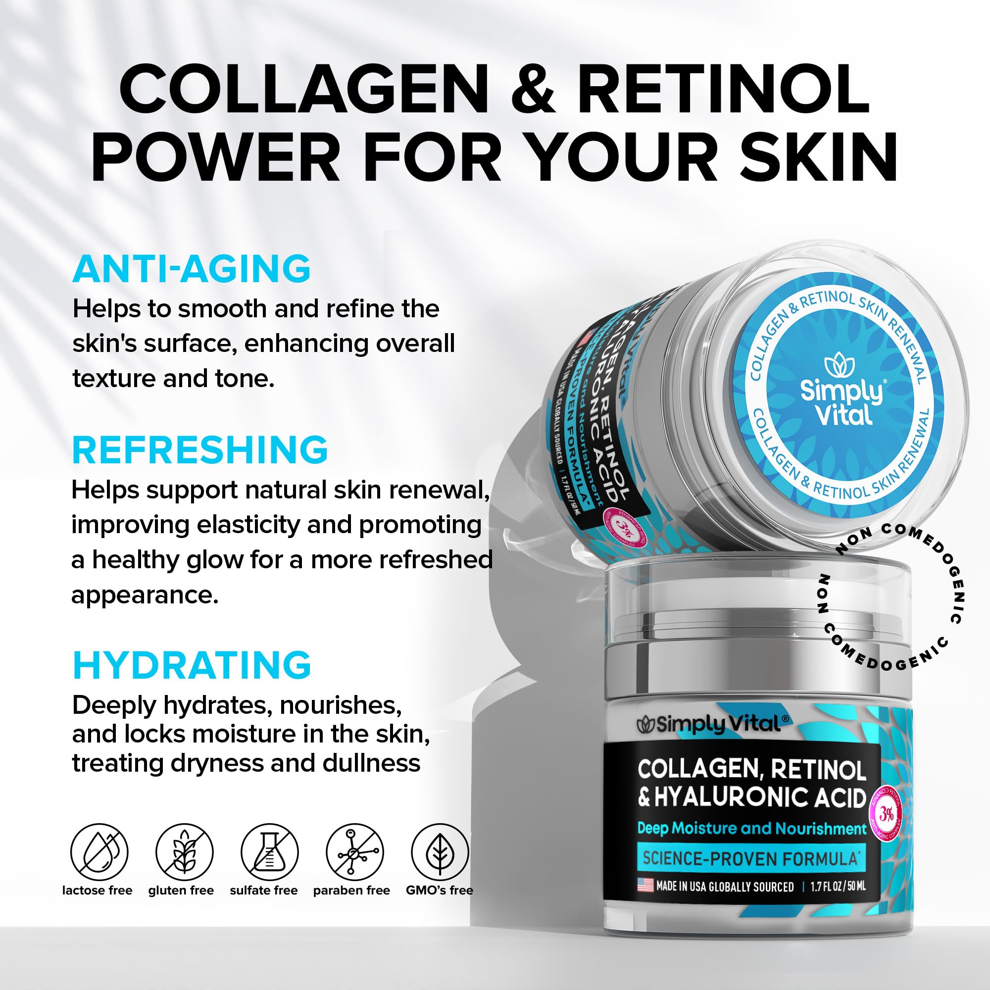 SimplyVital Collagen, Retinol & Hyaluronic Acid Cream - Anti - Aging Face Moisturizer for Face, Firming Skin Care Neck & Décolleté - Made in USA, Daily Moisturizer Face Cream Day & Night - 1.7 fl.oz. - FitLife - WellnessOasis