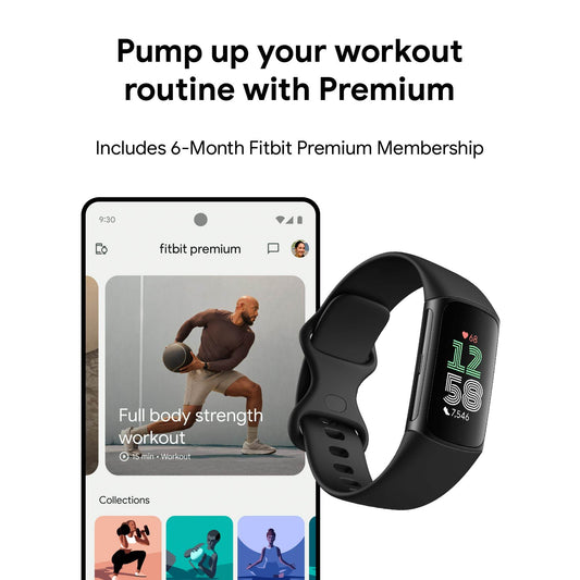 Fitbit Charge 6 Fitness Tracker with Google apps, Heart Rate on Exercise Equipment, 6 - Months Premium Membership Included, GPS, Health Tools and More, Obsidian/Black, One Size (S & L Bands Included) - FitLife - WellnessOasis
