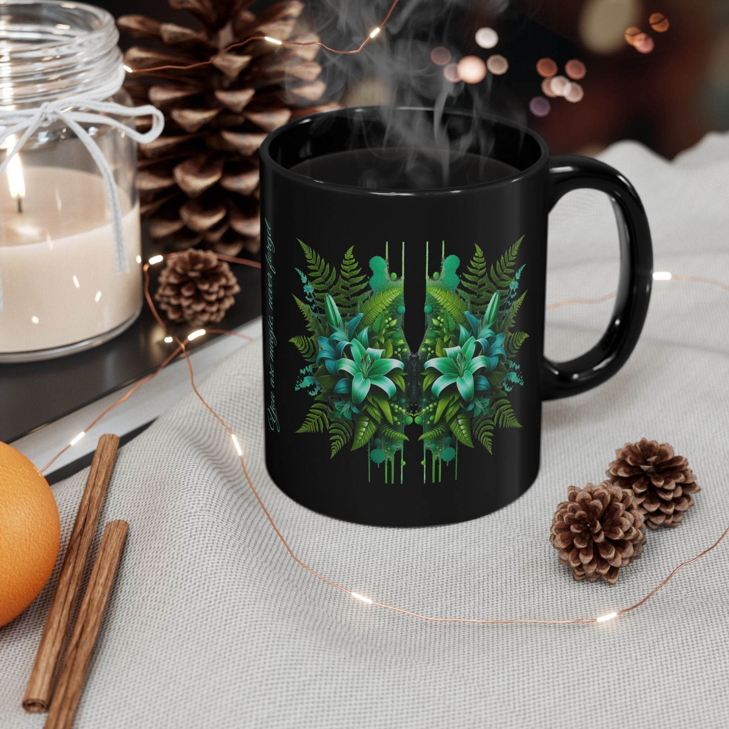 Tropical Ferns Inspirational Black Mug - FitLife - WellnessOasis