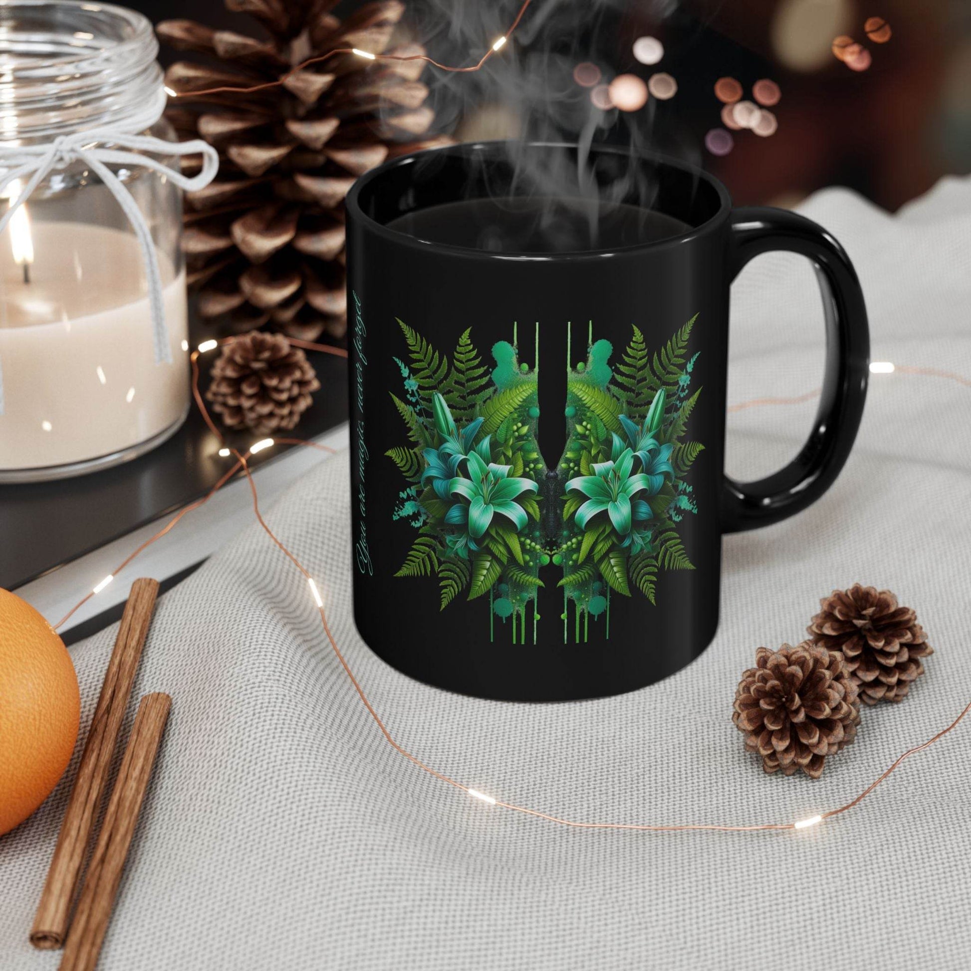 Tropical Ferns Inspirational Black Mug - FitLife - WellnessOasis